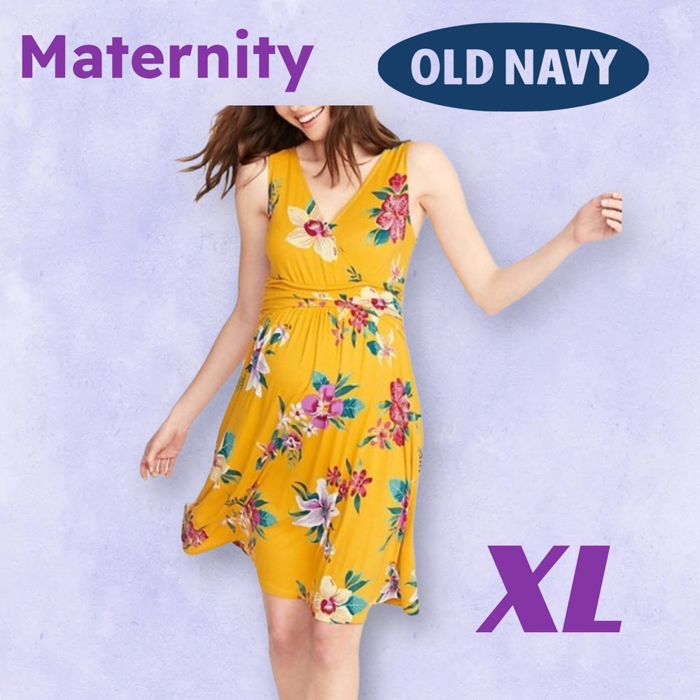 👍GUC OLD NAVY |XL| Yellow & Floral Print Cross-Front Jersey Maternity Dress